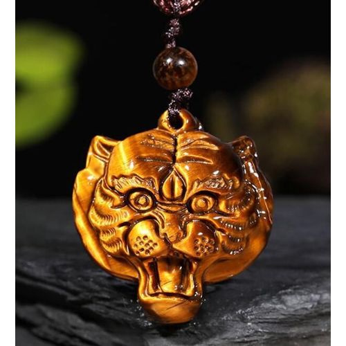 Oeil De Tigre Naturel, Magnifique Chinois Sculpté, Tête De Tigre, Porte-Bonheur, Pendentif + Corde, Collier Porte-Bonheur, Bijou Fin, Charmant