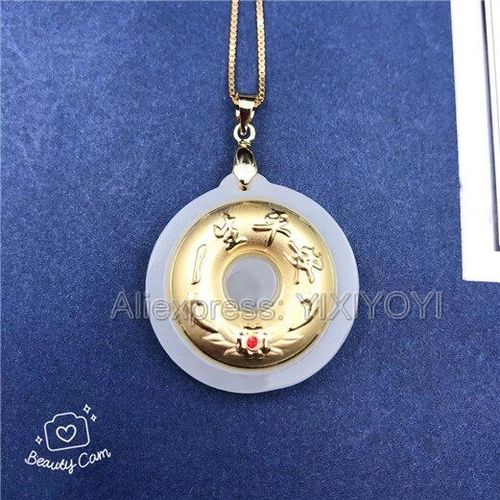 Jade Hétian Blanc Naturel + Pendentif Porte-Bonheur Rond Incrusté En Or Massif 18k + Collier Gratuit, Bijoux Fins + Certificat