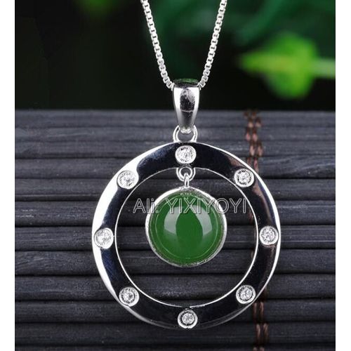Pendentif Porte-Bonheur En Argent 925, Incrustation De Jade Hetian Vert Rond Creux + Chaîne De Collier À Breloque, Bijoux Fins, Cadeau Pour Filles