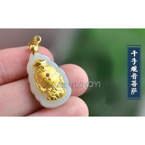 Magnifique Collier Pendentif Porte-Bonheur 3d En Jade Hétian Blanc Naturel + Or Massif, Bébé Chinois Guanyin Bouddha, Amulette De Bénédiction