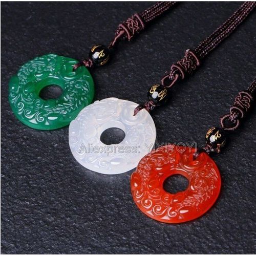 Beau Pendentif Porte-Bonheur Chinois En Agate, Vert, Rouge, Blanc, Jade Sculpté, Double Pixiu, Boucle + Collier À Corde, Bijoux Fins