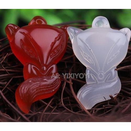 Pendentif Porte-Bonheur + Collier À Corde, Beau Bijou Chinois En Agate Blanche Et Rouge Naturelle En Jade Sculpté, Renard Mignon, Bijoux Fins