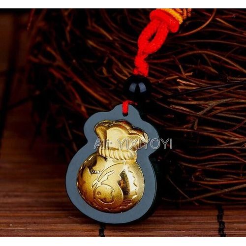 Jade Hetian Vert Foncé Naturel + Pendentif Porte-Bonheur Chinois Incrusté D'or Massif + Certificat De Collier, Bijoux Fins
