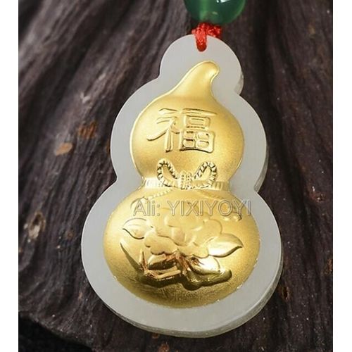 Beau Pendentif Porte-Bonheur En Jade Hetian Blanc Naturel + Or Massif 18k Incrusté De Fleur Fu Cucurbit + Collier Gratuit, Bijoux Fins