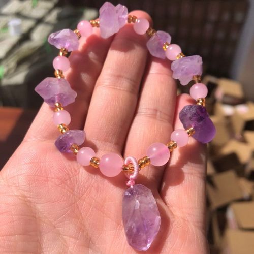 Bracelet En Améthyste Véritable Pour Femmes, Bijoux Fins, Pierre Améthyste Rose Naturelle, Perles Élastiques