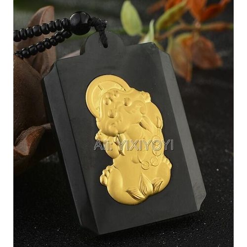 Pendentif Porte-Bonheur Hetian, Magnifique Pendentif Porte-Bonheur En Jade Naturel Blanc, Noir Et Vert, Incrusté D'or 18k, Pixiu, Collier Gratuit
