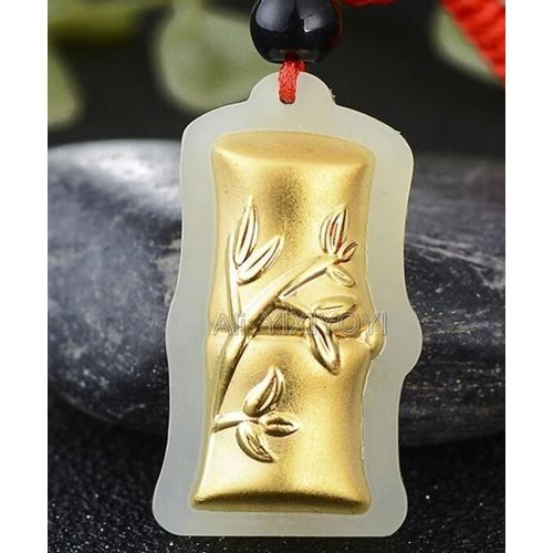 Jade Hétien Blanc Naturel + Pendentif Amulette Porte-Bonheur En Bambou Chinois, Or Massif 18k + Collier Gratuit, Bijoux Fins Avec Certificat
