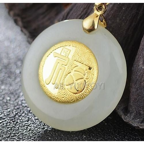 Beau Pendentif Porte-Bonheur En Jade Hétien Blanc Naturel + Or Massif 18 Carats Incrusté, Collier Gratuit, Bijoux Fins