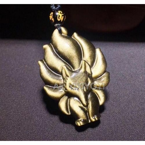 Beau Pendentif + Collier De Perles En Obsidienne En Or Naturel, Sculpté À La Main, Renard À Neuf Queues, Porte-Bonheur, Bijoux Fins
