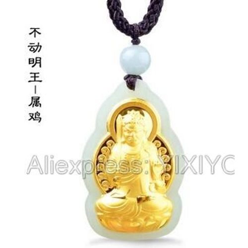 Jade Hétien Blanc Naturel + Amulette Chinoise Incrustée En Or Massif 18k, Pendentif Porte-Bonheur Bouddha Guanyin + Collier Gratuit, Bijoux Fins