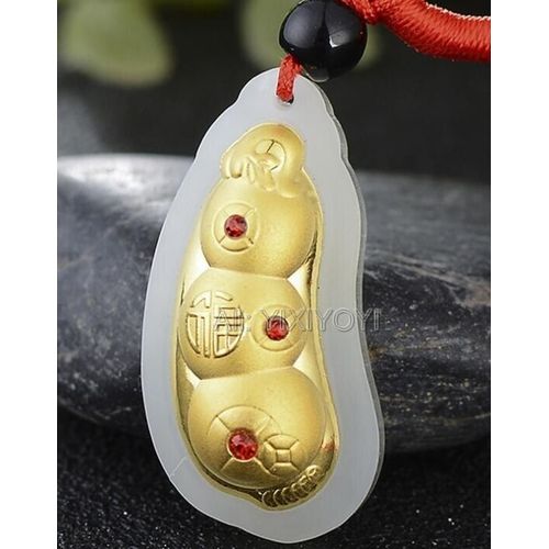 Jade Hetian Blanc Naturel + Perles De Haricots Chinois Sculptées En Or Massif 18k + Pendentif Porte-Bonheur + Collier Gratuit, Bijoux Fins + Certificat