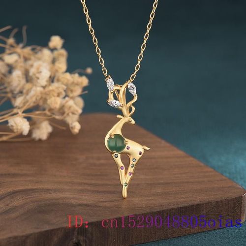 Pendentif Cerf Sika En Jade Vert 925 Argent Calcédoine, Breloque Naturelle En Zircon, Bijoux Chinois Pour Femmes, Cadeaux, Collier À La Mode