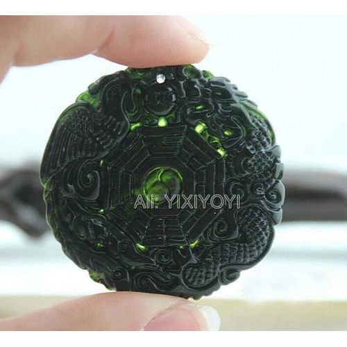 Pendentif Porte-Bonheur + Collier En Corde, 2 Pièces, Pierre Naturelle Noire Et Verte Sculptée, Dragon Chinois, Phénix, Baguette, Bijoux Fins, Vente En Gros