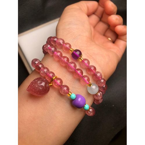 Bracelet En Cristal Naturel Rose Avec Pendentif Fraise Pour Femme, Amulette Multi-Tours, Perles En Cristaux Véritables