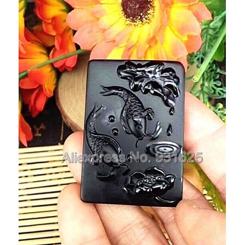 Magnifique Pendentif En Obsidienne Noire Naturelle Sculptée, Joli Poisson Nageur, Porte-Bonheur + Collier De Perles, Bijoux En Cristal À La Mode