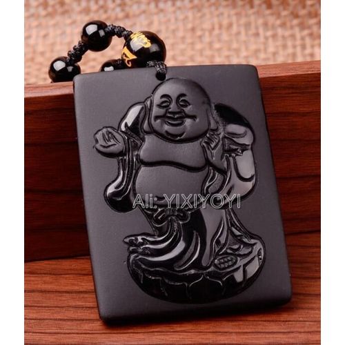 Magnifique Pendentif En Obsidienne Noire Naturelle Sculptée À La Main, Bouddha Ruyi Porte-Bonheur + Collier De Perles Gratuites, Bijoux À La Mode Pour Homme Et Femme
