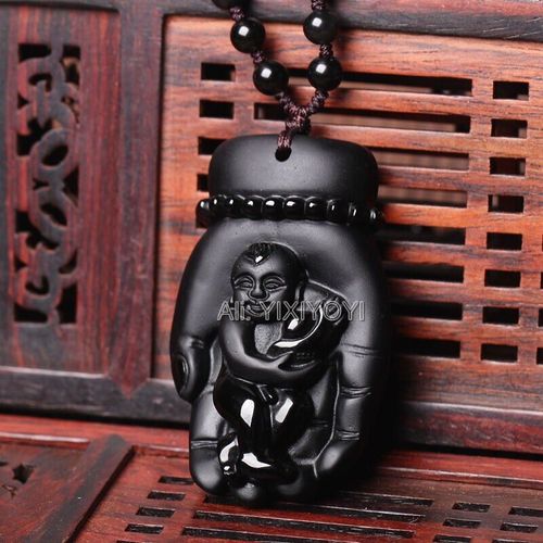 Obsidienne Noire Naturelle Sculptée À La Main, Pendentif Amulette De Bébé Bouddha + Collier De Perles, Bijoux À La Mode, Moins De Quantité