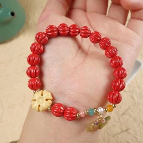 Bracelet En Pierre De Cinabre Biologique Rouge Naturel Pour Femmes, Bijoux Faits À La Main, Véritables Perles De Citrouille, Bracelets Perlés Élastiques