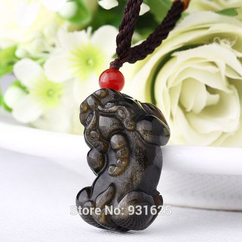 Beau Pendentif Porte-Bonheur En Obsidienne En Or Naturel Sculpté À La Main Pixiu Chinois + Collier De Perles Gratuites, Bijoux Fins