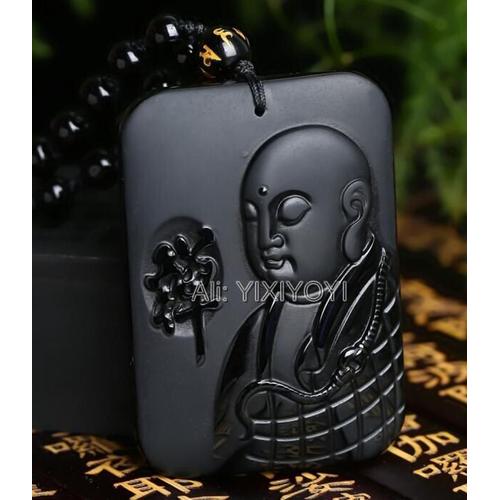 Amulette Bouddhiste Chinoise Sculptée En Obsidienne Noire Naturelle, Beau Pendentif Porte-Bonheur + Collier De Perles, Bijoux À La Mode