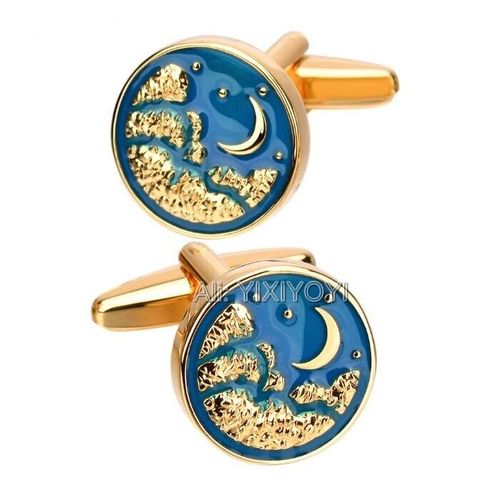 Boutons De Manchette Dorés Pour Hommes, De Haute Qualité, Avec Étoile De Nuit Et Lune, En Émail Bleu, Cadeau Spécial