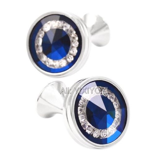 Boutons De Manchette Ronds En Cristal Bleu Pour Hommes, Boutons De Manchette En Métal Pour Hommes D'affaires, Cadeau De Mariage, Bijoux De Haute Qualité