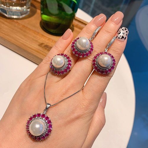 Ensemble De Bijoux En Argent Sterling 2021 Pour Femmes, 12mm, Perle Blanche, Rubis, Pendentif, Collier, Bague, Boucles D'oreilles, Pour Fête De Mariage, Tendance 925
