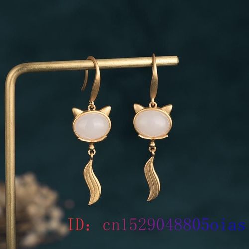 Boucles D'oreilles En Jade Et Renard Blanc, Amulette Calcédoine, Cadeaux, Pierre Précieuse, Breloque, Zircon, Agate, Cristal, Argent 925, Mode Naturelle