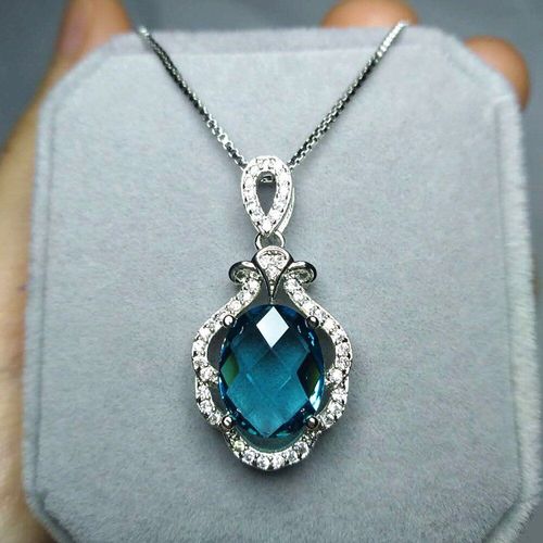 Colliers Pendentifs Vintage En Aigue-Marine Pour Femmes, Pierres Précieuses, Cristal Bleu, Diamants, Or Blanc 18k, Tour De Cou, Bijoux En Argent
