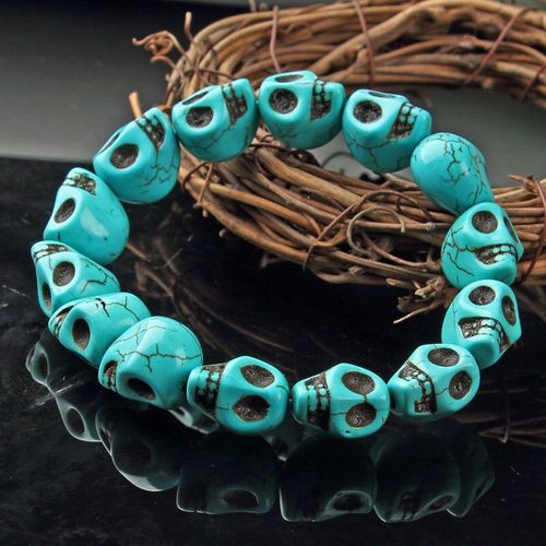 Bracelet En Forme De Crâne Turquoise Pour Homme Et Femme, Bijoux Fins, Tête De Mort, Perles, Élastique, Perles, Pierres Précieuses, Cadeau, Accessoire