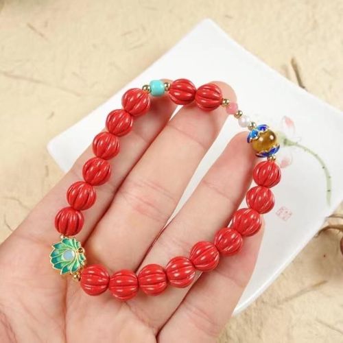 Bracelet En Pierre De Cinabre Rouge Naturelle Pour Femmes, Perle De Citrouille, Perles Élastiques, Bijoux Faits À La Main