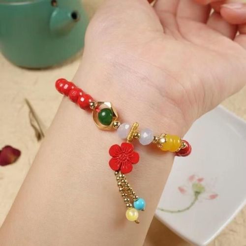 Bracelet À Pompon En Fleurs De Cinabre Naturelles Pour Femmes, Bijoux Fins, Perles De Cinabre Rouge Biologique, Élastique, Cadeaux
