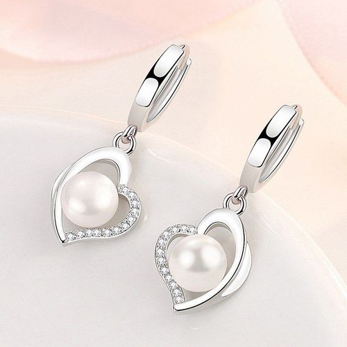 Boucles D'oreilles En Forme De C¿Ur Pour Femme, Bijoux Tendance, Perles Et Cristaux Zircon, Couleur Argent, Or Blanc, Cadeaux