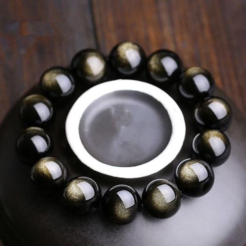 Bracelet En Pierre D'obsidienne Dorée Naturelle, Bijoux Fins Pour Hommes Et Femmes, Véritables Perles De Jade Noir, Bracelet Amulette Élastique