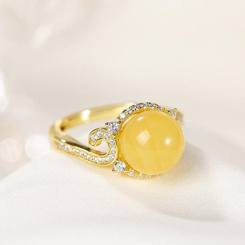 Bague En Ambre Naturel Pour Femmes, Argent Sterling 925 Plaqué Or, Zircon, Ajustable, En Cire D'abeille, Bijoux De Guérison Pour Petite Amie Et Maman