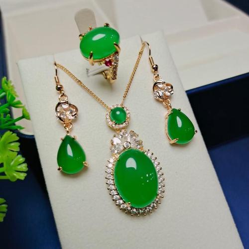 Ensemble De Bijoux En Jade Vert Naturel, Boucles D'oreilles, Bague Et Pendentif Ovale, Collier, Pierre De Jades, Chrysoprase, Bijoux Fins Certifiés Pour Femmes