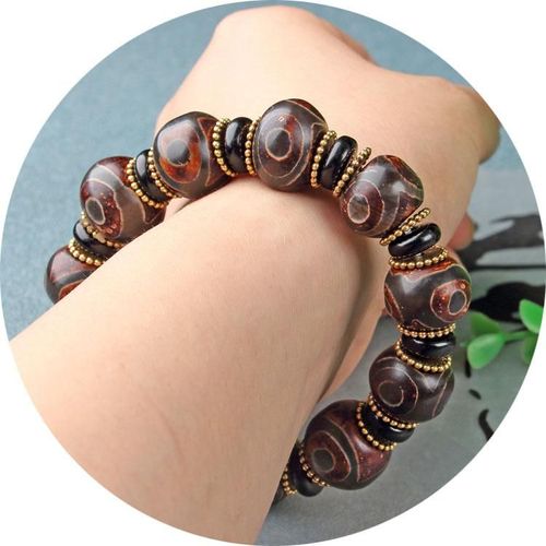Grand Bracelet Bouddhiste Tibétain Trois Yeux En Perles Dzi Pour Hommes, Accessoires Véritables En Agate Naturelle Jade, Bracelets Perlés Élastiques