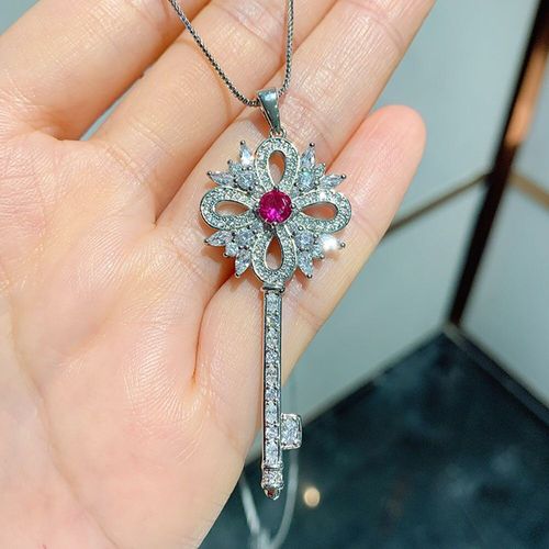 Collier Avec Pendentif Clé Rubis En Diamant De Laboratoire Unique Pour Femmes, En Argent Sterling 925, Bijoux Fins De Mariage, Cadeau D'anniversaire Pour Femmes, Amour