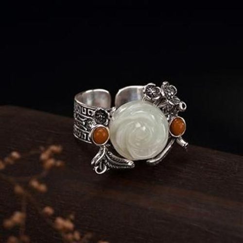 Bague En Argent Sterling S925, Style Antique, Vintage, Incrusté Hetian Jade Blanc Jade Sud Rouge Rose Dame, Avec Ouverture Personali
