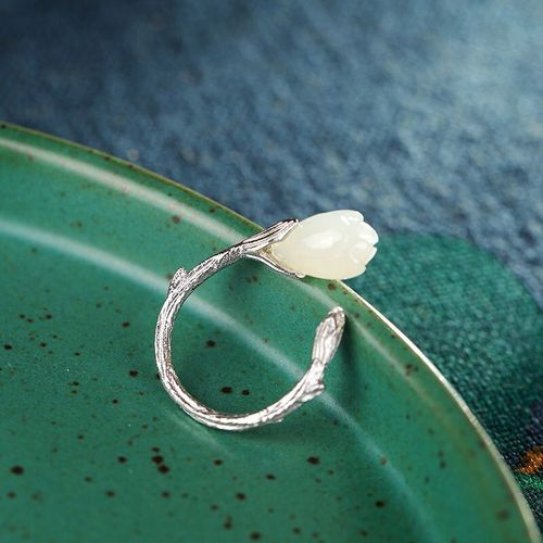 Bague En Argent Sterling S925 Incrustée De Jade Hétian Naturel, Magnolia En Jade Blanc Élégant Haut De Gamme Pour Femme, Anneau Pour Famille