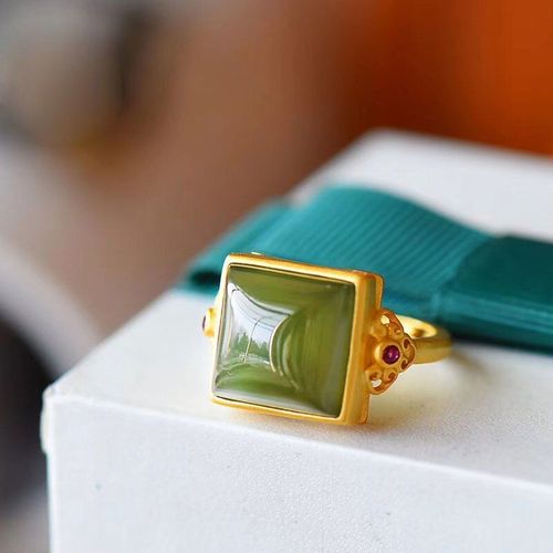 Bague En Jade Gris Hétian Naturel Pour Femmes, Anneau Ouvert En Argent Sterling S925, Or Ancien, Artisanat, Anneau Carré En Jade Rétro