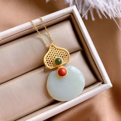 Boucles D'oreilles En Jade Naturel Hetian Ruyi Pour Femme, Argent Sterling S925, Or Ancien, Rubis Du Sud, Gourde, Ensemble De Collier, Chaîne, Ornement