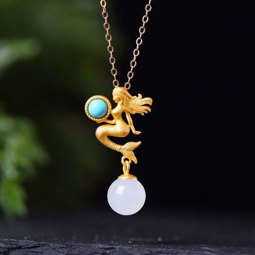 Collier En Forme De Sirène Pour Femme, Pendentif En Argent Sterling, Mode Blanche, Jade, Gris, Créatif, Chaîne De Chandail, Jade Naturel Hetian Nec, S925