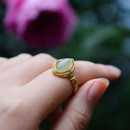 Bague En Argent Sterling 925, Jade Naturel Hetian, Jade Blanc, Or Incrusté, Anneau Ouvert Et Réglable