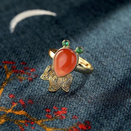 Bagues Créatives Originales En Argent Sterling S925 Incrustées D'agate Rouge Du Sud Naturelle, Ouverture De Poisson Rouge Réglable, Personnalité Pour Dames