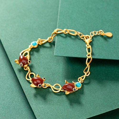 Bracelet Original En Argent Sterling S925 Pour Femmes, En Or Naturel, En Agate Rouge Du Sud Verte, Avec Petit Poisson Rouge Créatif