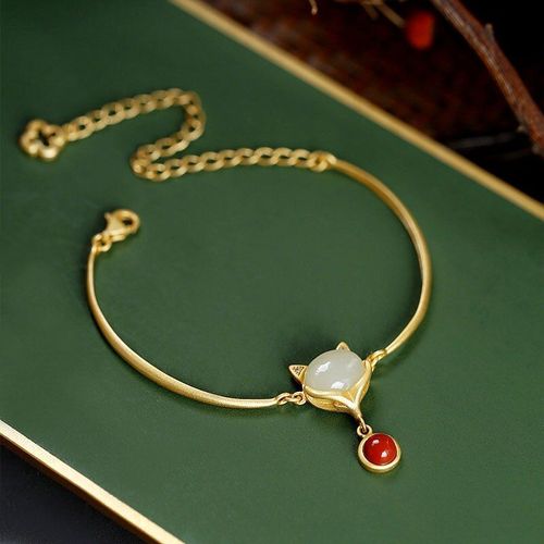 Bracelet En Argent Sterling S925 Fait À La Main, En Or Ancien, Original, Spirituel, Renard, Jade Naturel Hetian, Nouvelle Collection Printemps Et Été