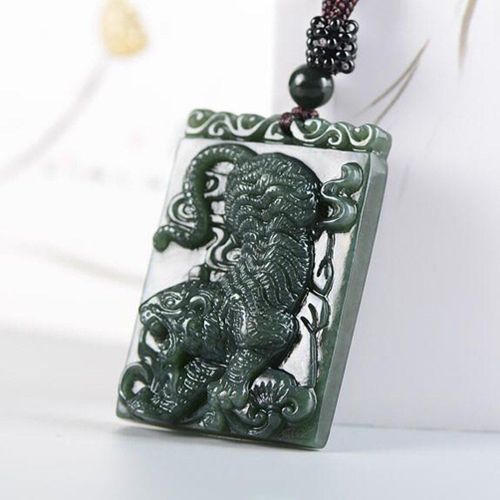 Pendentif En Jade Vert Foncé Pour Homme, Amulette En Jade Avec Chaîne