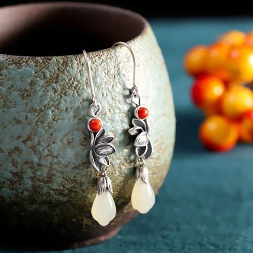 Boucles D'oreilles Lotus En Argent Pur Hetian Jade Blanc, Boucles D'oreilles Magnolia, Ornement Amincissant Long