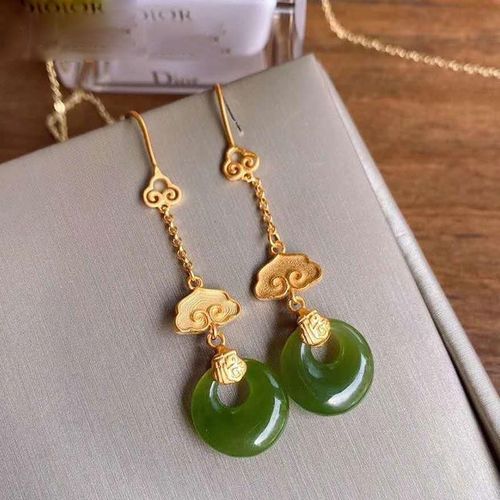 Boucles D'oreilles En Jade Vert Naturel Hetian, Longues Boucles D'oreilles Féeriques En Argent Sterling S925, Dorure, Nuage De Bon Augure, Vintage